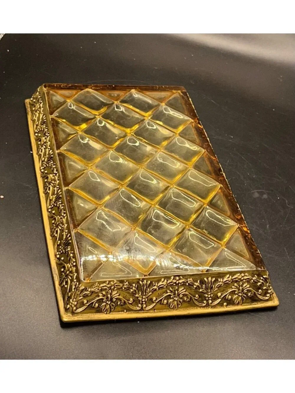 Vintage GoldTone Lucite Vanity Tray Quilted Diamond Pattern Ornate Floral Border